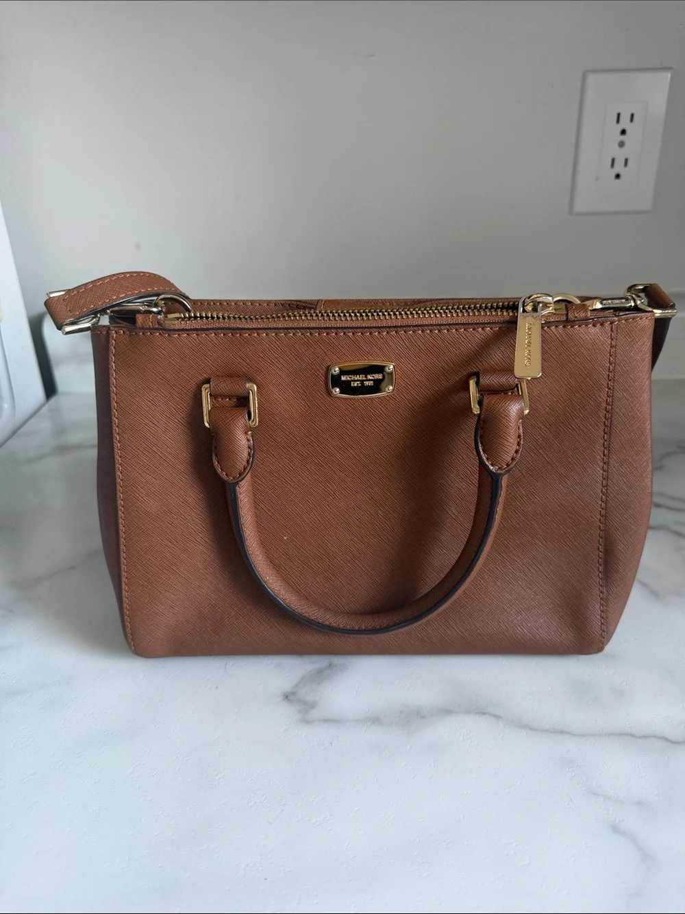 Michael Kors Cognac Saffiano Leather Satchel with Gold Hardware